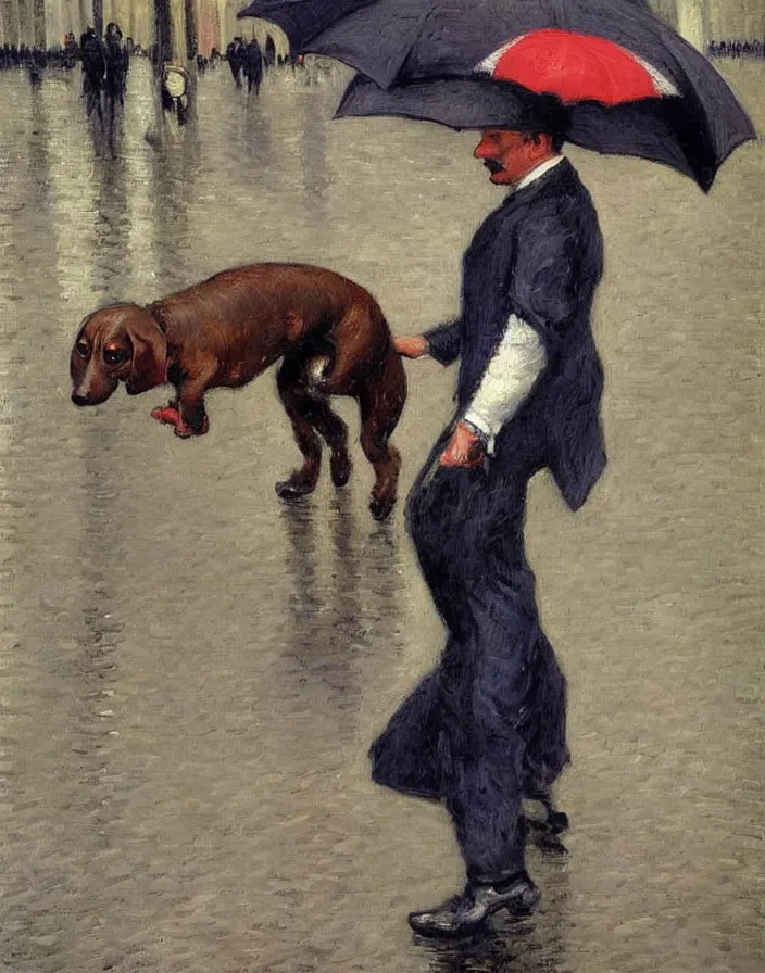 Image similar to Dachshund in rainy weather in Paris, oil painting by Gustave Caillebotte