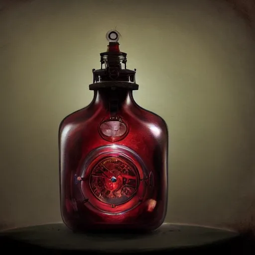 Prompt: a painting of a steampunk burgundy colored potion bottle in a dark dusty vintage science lab, by h. r. giger, hyperrealistic fantasy art, concept matte, ethereal, dreamy, digital art, trending on artstation, volumetric cinematic lighting