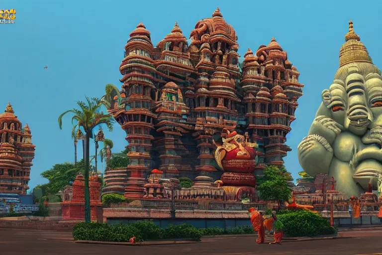 Image similar to high quality 3 d dreamscape! mumbai with biomorphic hanuman!! head building, kalighat highly detailed, unreal engine cinematic smooth, stephen shore & john j. park, soft morning light, wide shot, high angle, uhd 8 k, deep focus