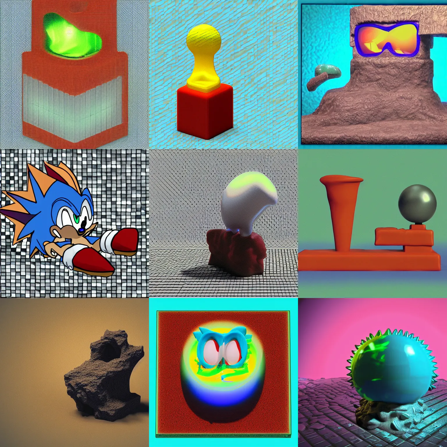 Prompt: clay stop motion claymation portrait of sonic hedgehog polaroid and surreal, liquid metal lava lamp prerendered 1 9 9 0 s 1 9 9 6 raytraced terragen phong shading checkerboard