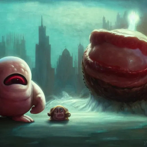 Image similar to kirby binding of isaac, holding meatloaf, hyper realistic, sloppy, gross, meatloaf, hyper realistic, terrifying, disturbing, strange, bizarre, masterpiece, 4 k, vivid colors, elegant, john park, frazetta, john howe, ruan jia, jeffrey catherine jones