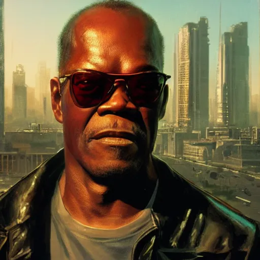 Image similar to closeup portrait of a young samuel jackson as the terminator, city background, dramatic light, gorgeous view, depth, high detail, digital art, painted by greg rutkowski, trending on artstation