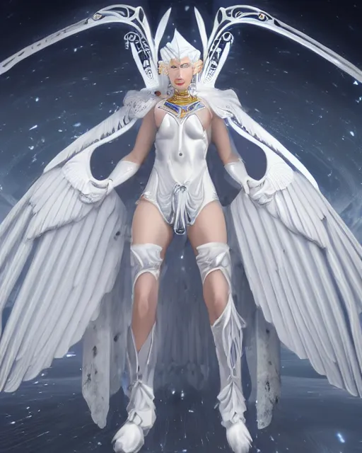 Image similar to perfect white haired egyptian goddess wearing white dove wings, warframe armor, regal, attractive, ornate, sultry, beautiful, ice queen, half asian, pretty face, blue eyes, detailed, scifi platform, 4 k, ultra realistic, volumetric lighting, illuminated, cinematic, masterpiece, art by akihito tsukushi, voidstar