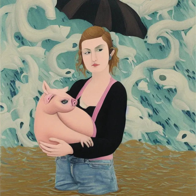 Image similar to tall female emo artist holding a pig in her flooded bathroom, water gushing from ceiling, painting of flood waters inside an artist's bathroom, a river flooding indoors, pomegranates, pigs, ikebana, zen, water, octopus, river, rapids, waterfall, black swans, canoe, berries, acrylic on canvas, surrealist, by magritte and monet