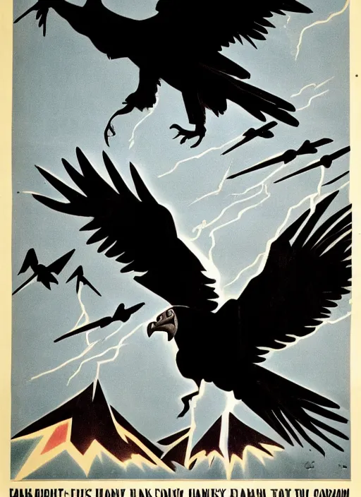 Image similar to balck Vulture with one lightning bolts in 1940s propaganda poster