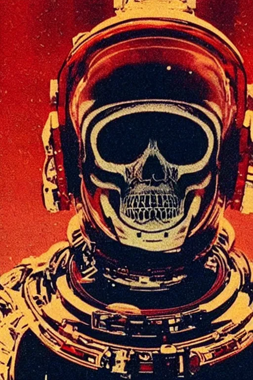 Image similar to astronaut with neon glowing skull, 1 9 6 0 s, color bleed, video compression, video glitch, vhs footage, akira kurosawa, mamoru oshii, wes anderson, stanley kubrick