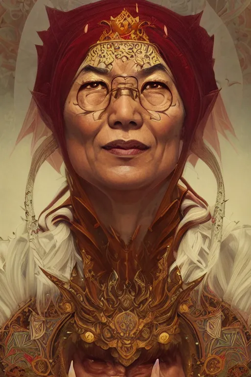 Image similar to portrait of the dalai lama as a demon elf queen, forest, godlike, upper body, fantasy, intricate, elegant, highly detailed, digital painting, artstation, concept art, sharp focus, illustration, art by artgerm and greg rutkowski and alphonse mucha