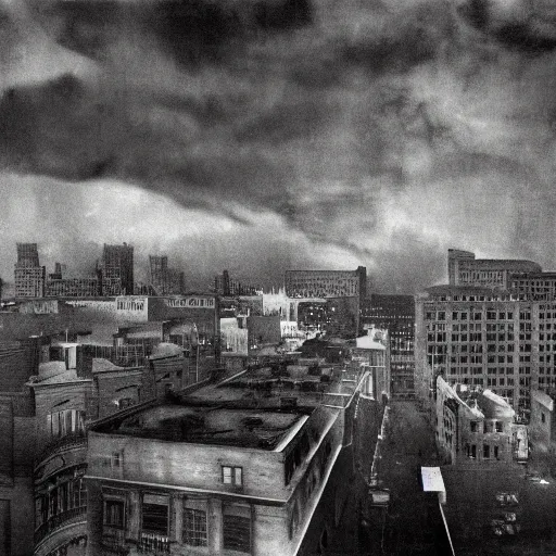 Image similar to full color ultra realistic photo of a balcony view of 1 9 2 5 boston downtown with a broken and distorted sky, dark, brooding, night, atmospheric, ultra - realistic, smooth, highly detailed