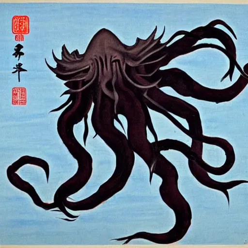 Prompt: cthulhu by qi baishi, chinese traditional painting