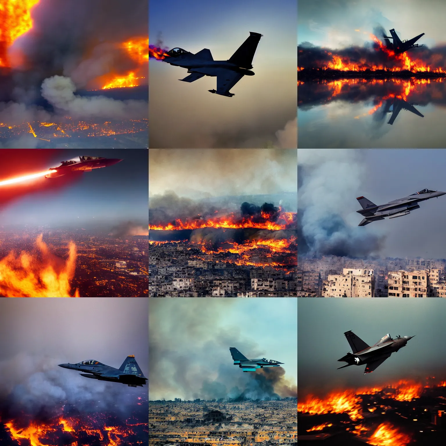 Prompt: landscape photograph of a fighter jet flying, over a destroyed smoking burning city, color, reflections, motion blur, atmospheric, award winning photo