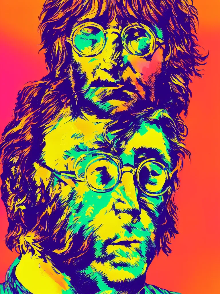 Image similar to a closeup portrait of john lennon wearing colorful psychedelic clothing, taking mind altering drugs, a blotter paper of lsd acid and dreaming psychedelic hallucinations in a vast beautiful landscape, by kawase hasui, moebius, edward hopper, colorful flat surreal design, dramatic lighting, hd, 8 k, artstation