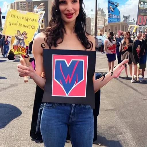 Prompt: Gal Gadot holding a sign that says M!I! T! C! H! I! E! P! O! O! !!!! as painted by Ralph Horsley