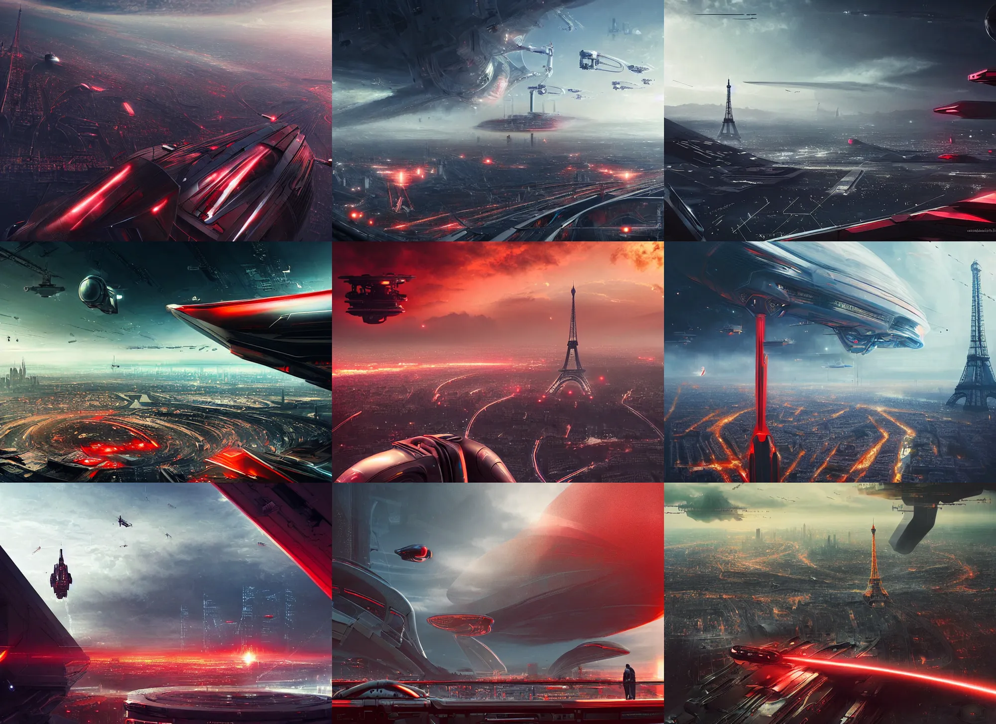 Prompt: futuristic france, scifi, machines, artificial intelligence, ultra realistic, cinematic paris, highly detailed, futuristic landscape, beautiful city, futurism, drone point of view, atmosphere, sunny day, masterpiece, red highlights, year 2 0 4 0, cinematic, art by jan urschel and neil blevins