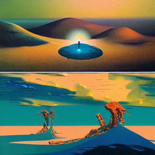 Prompt: a desert and an ocean on a strange planet, by bruce pennington, by sam freio, by thomas rome, by victor mosquera, juxtapoz, behance, dayglo, prismatic, iridescent