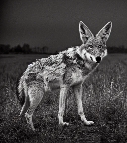 Image similar to Award winning Editorial photo of a wild coyote with dinner by Edward Sherriff Curtis and Lee Jeffries, 85mm ND 5, perfect lighting, gelatin silver process