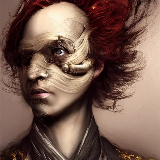 Image similar to portrait of a Shibari rope wrapped face and neck, headshot, insanely nice professional hair style, dramatic hair color, digital painting, of a old 17th century, old cyborg merchant, amber jewels, baroque, ornate clothing, scifi, realistic, hyperdetailed, chiaroscuro, concept art, art by Franz Hals and Jon Foster and Ayami Kojima and Amano and Karol Bak,