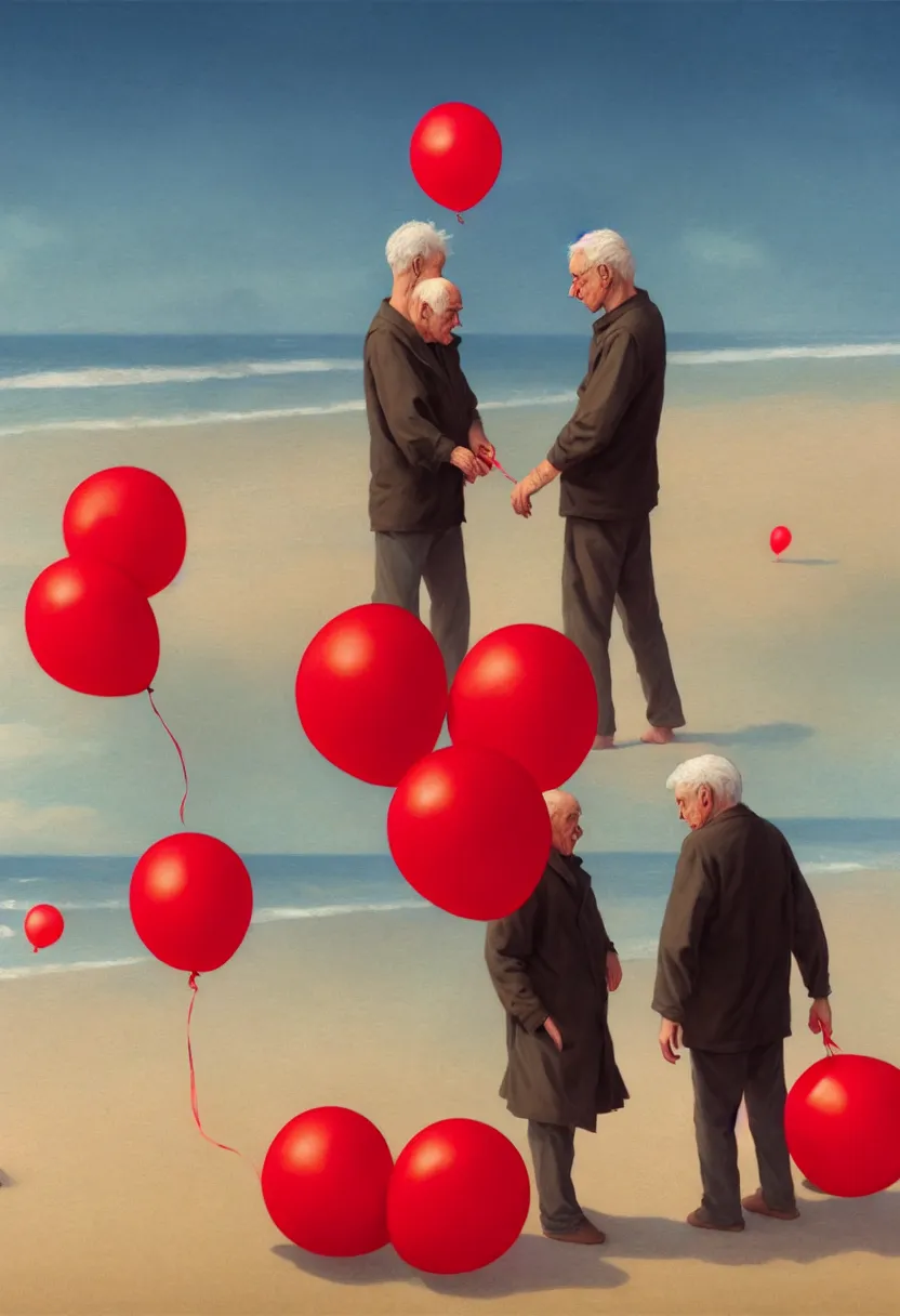 Prompt: lonely old men on the beach, holding red balloons. extremely high fidelity, 8 k, super resolution, cinematic view, super resolution, epic, hyperdetailed, digital painting, artstation, concept art, smooth, sharp focus, octane render, dramatic lighting, art by artgerm and greg rutkowski and alphonse mucha and wlop