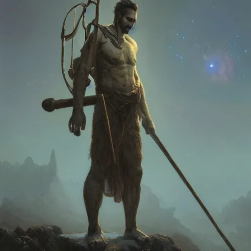 Prompt: full - body pose of man with a bindle over his shoulder, hyper detailed, bioluminescent, background fortress, digital art, golden, trending in artstation, cinematic lighting, studio quality, smooth render, unreal engine 5 rendered, octane rendered, by gaston bussiere, bayard wu, greg rutkowski, giger, maxim verehin