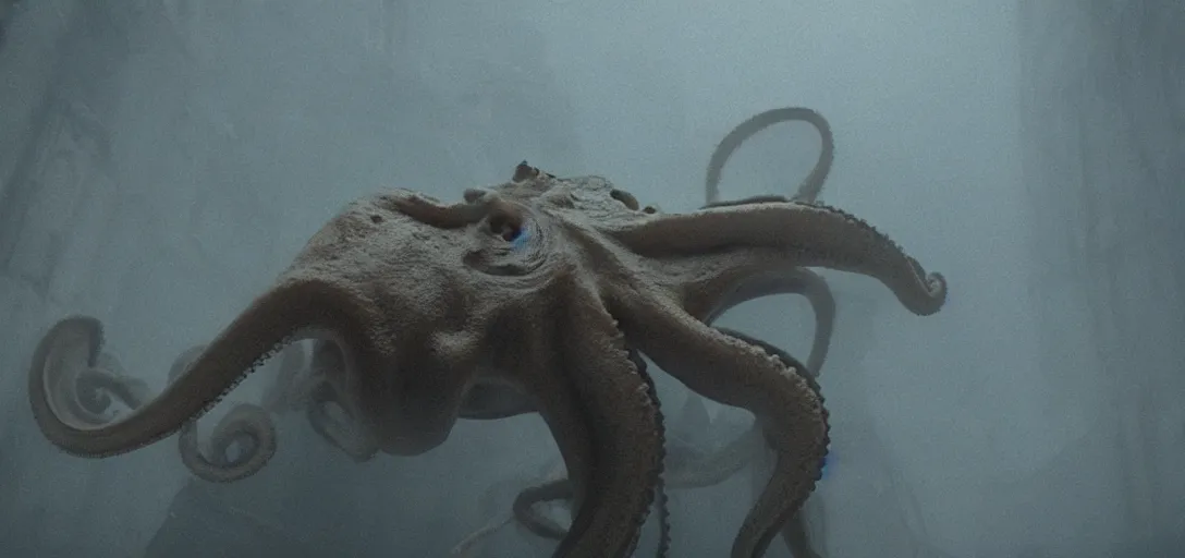 Image similar to an octopus in the shape of a skull, foggy, cinematic shot, photo still from movie by denis villeneuve, wayne barlowe