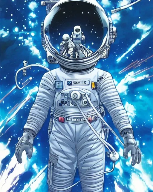 Image similar to astronaut floating in space, cybernetic enhancements, art by makoto shinkai and alan bean, yukito kishiro