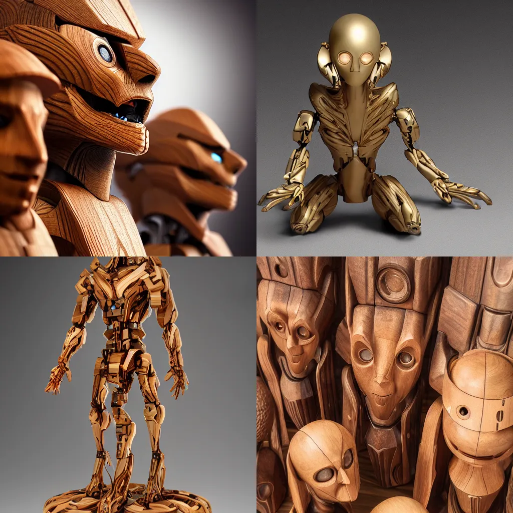 Prompt: an ultra realistic 8k octa photo, of a sculpture wooden art toys ,of an cyber gods ,hyperdetailled ,concept art,cgsociety