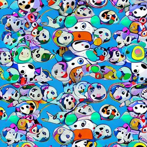 Image similar to illustration still of trippy furry chubby chibi penguins dancing by takashi murakami