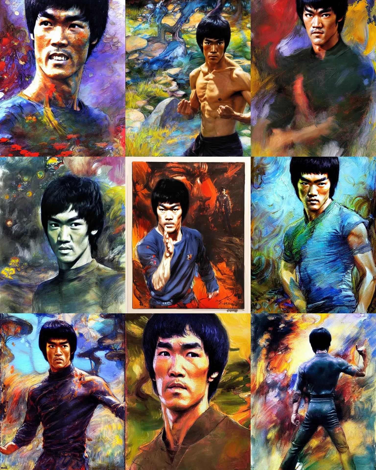 Prompt: bruce lee, psychedelic plein air portrait painting by richard schmid, thomas moran, john william waterhouse, studio ghibli, donato giancola,