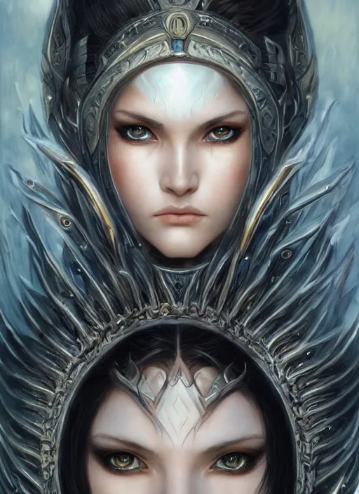 Prompt: a highly detailed symmetrical eye level shot of a female fantasy warrior with piercing beautiful eyes, art by artgerm and karol bak and mark brooks and donato giancola and bayard wu, oil painting, reallusion character creator, depth perception, elegant, intricate