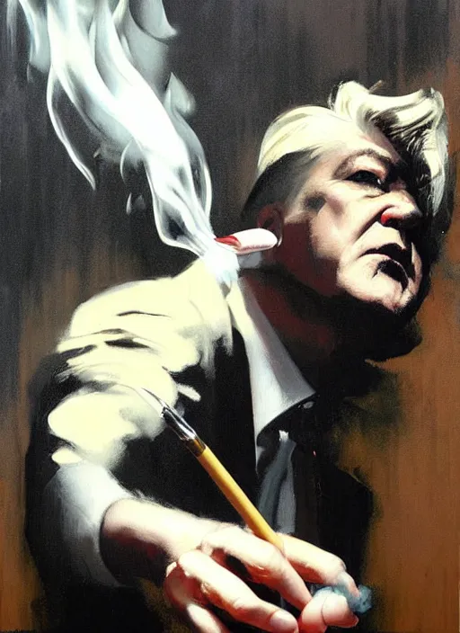 Prompt: david lynch, smoking, smoke billowing, painting by phil hale, 'action lines'!!!, graphic style, visible brushstrokes, motion blur, blurry