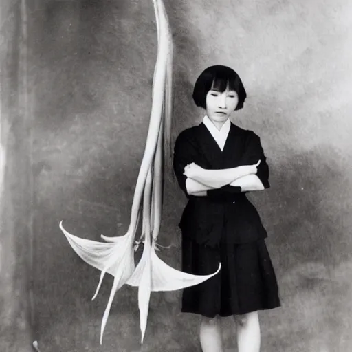 Prompt: portrait of a pale japanese girl with black hair, wearing black sailor uniform, holding brugmansia sanguinea flower