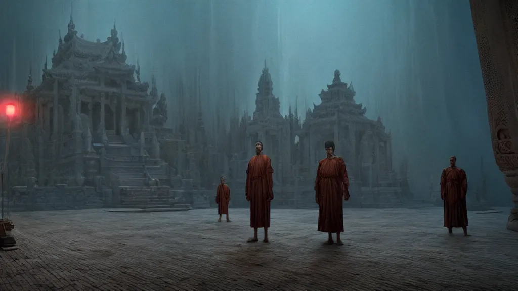 Prompt: strange creatures guard a glowing temple, film still from the movie directed by Denis Villeneuve with art direction by Marc Simonetti, wide lens