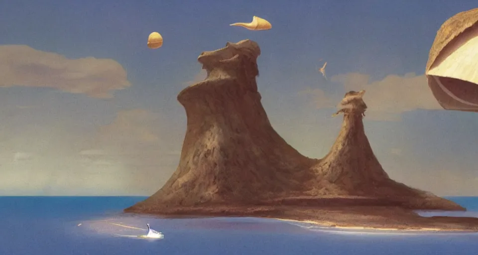 Prompt: a deserted island, giant seashell stands in the middle, a girl standing below, concept art by roger dean and john harris, atmospheric