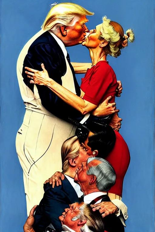 Prompt: norman rockwell painting of donald trump kissing donald trump