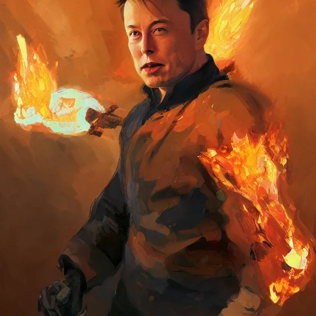 Image similar to Elon Musk as a firebender, portrait, elegant, intricate, digital painting, artstation, concept art, smooth, sharp focus, illustration, art by konstantin korovin and Daniel F. Gerhartz and john howe