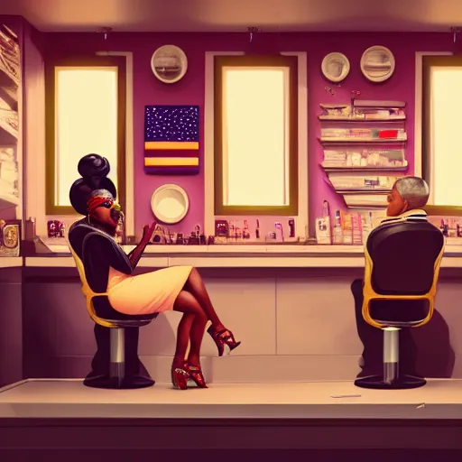 Image similar to illustration of nicki minaj sitting next to barack obama in a barbershop. symmetry, cinematic scene. ambient lighting, brownish colors, hyper detailed. octane render. concept art. trending on artstation.