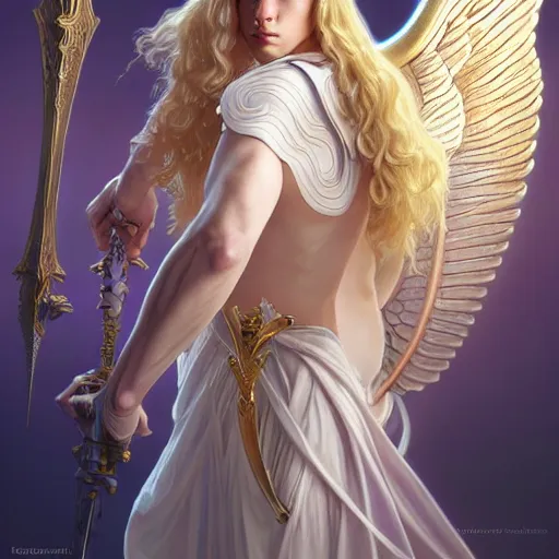 Image similar to the pale blond male angel of battle lucius wearing a white periwinkle, sci fi, glowing eyes, volumetric lights, gold theme, art nouveau botanicals, intricate, highly detailed, digital painting, artstation, concept art, smooth, sharp focus, cinematic, illustration, beautiful face, art by artgerm and greg rutkowski and alphonse mucha