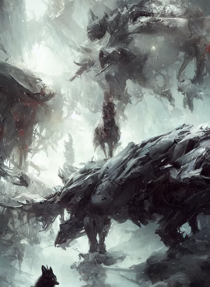 Prompt: a lone wolf in a nightmare landscape, autumn, white fur, sad, emotive, high detail, cinematic, beautiful painting by wadim kashin, ruan jia, android jones, jakub rebelka