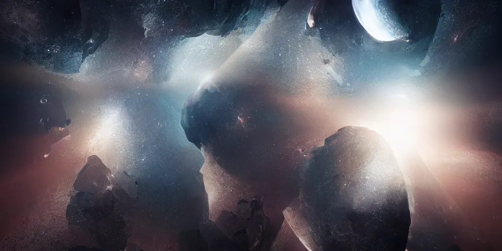 Prompt: the outer space is dark epic and beautiful, highly detailed, houdini simulation, octane render, majestic, mysterious, double - exposure, light, tones of black in background, ultra - hd, super - resolution, massive scale, perfectionism, soft lighting, ray tracing global illumination, translucid luminescence, lumen reflections