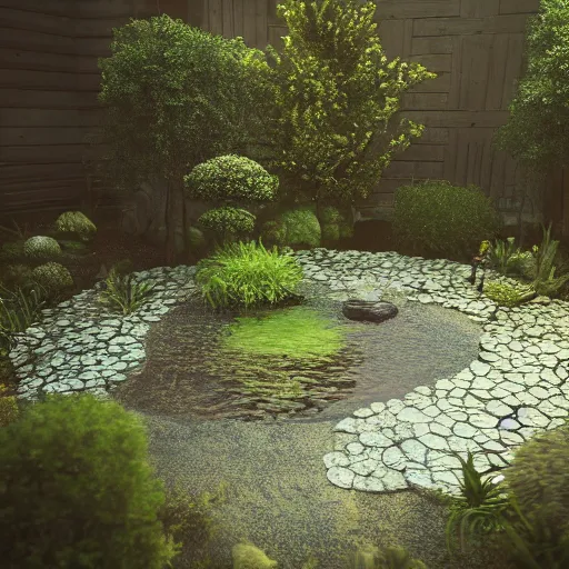 Image similar to a garden with a small pond inside an empty room, atmospheric lighting, octane render, unreal engine, 8 k