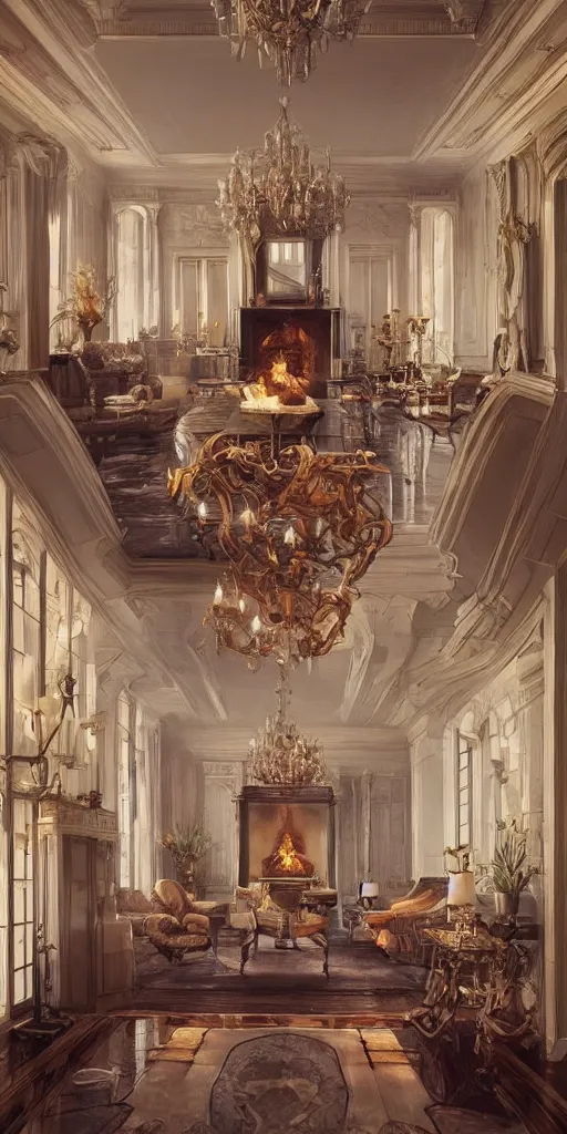 Prompt: photo of a stunning mansion lobby. cozy. fireplace. trending on artstation. cgsociety. art by greg rutkowski and moebius.