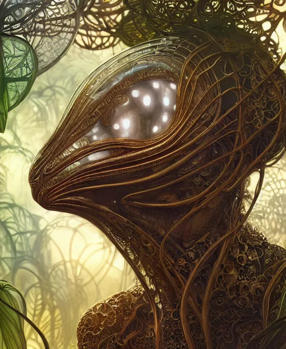 Image similar to intricate ornate opulent transparent clear see - through portrait of a terrifying beautiful male alien rat, mottled coloring, adorable, childlike, overgrown jungle environment, ultra realistic, concept art, art nouveau, photorealistic, octane render, 8 k, unreal engine. art by christopher marley and artgerm and greg rutkowski and alphonse mucha