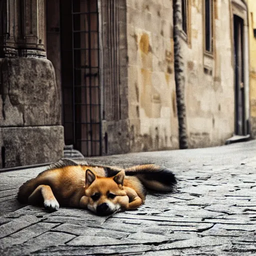 Prompt: shiba inu german shepherd mix dog lying on the street in ancient florence, high quality digital art, cinematic lighting, moody lighting