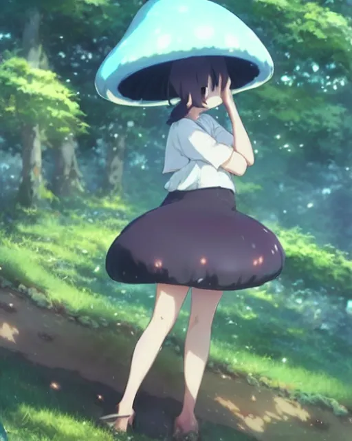 Prompt: a cute thicc mushroom creature ， by makoto shinkai an krenz cushart