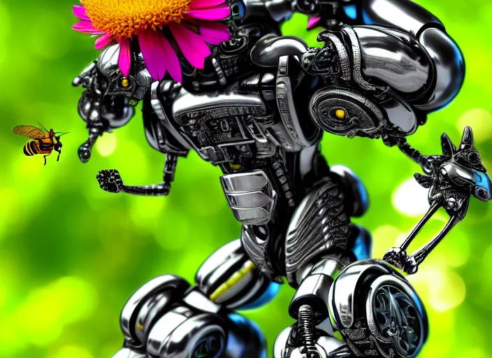 Image similar to super macro of a mechanical robotic cyborg bee drinking from a flower in the forest. fantasy magic style. highly detailed 8 k. intricate. nikon d 8 5 0 3 0 0 mm. award winning photography.