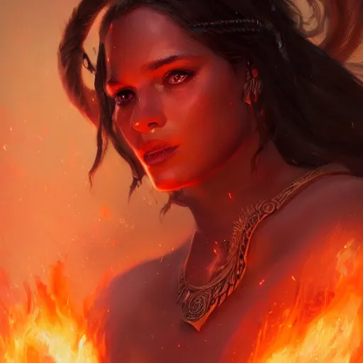 Image similar to a beautiful portrait of a fire goddess by greg rutkowski and raymond swanland, trending on artstation, flaming background, ultra realistic digital art