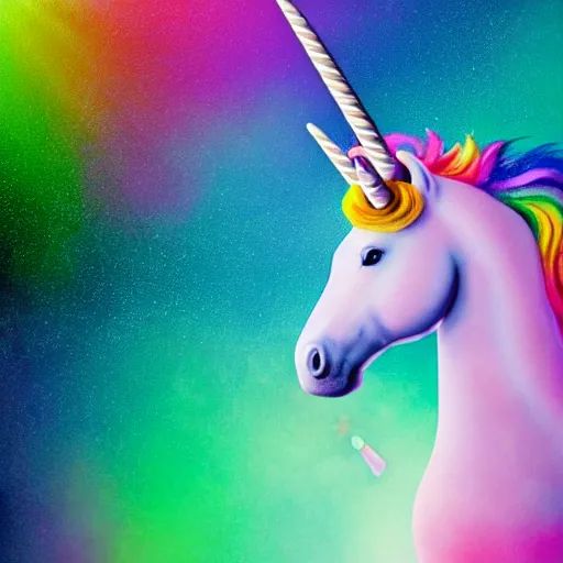 Prompt: an ultra high definition pastel coloured wildlife photograph of a magic unicorn with a glittery magic horn eating an ice cream in a magical field. refraction, volumetric lighting iridescence.