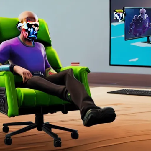 Prompt: realistic gamer walter white on a gaming chair playing fortnite