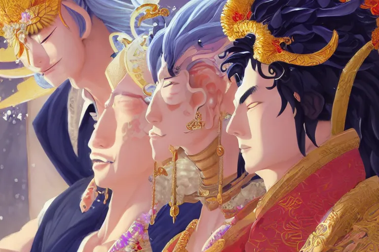 Image similar to close up moment of a divine a japan sun god and a moon goddess lovers magician at a wedding banquet, highly detailed, genshin, fantasy, 4 k realistic, digital painting, trending on artstation, concept art, sharp focus, illustration, art by makoto shinkai and akihiko yoshida and daniel gerhartz