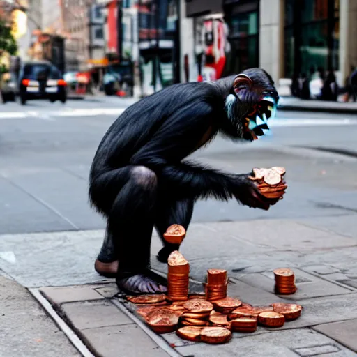 Image similar to a 5 0 mm photo of a chimpanzee picking up pennies on a street in manhattan, hyperrealistic