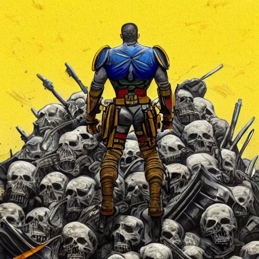 Image similar to a distant full body shot from behind of a super soldier with a yellow and blue flag on his shoulders standing on a pile of skulls in triumph after battle, western, D&D, fantasy, intricate, elegant, highly detailed, digital painting, artstation, concept art, matte, sharp focus, symmetrical, illustration, art by Artgerm and Greg Rutkowski and Alphonse Mucha